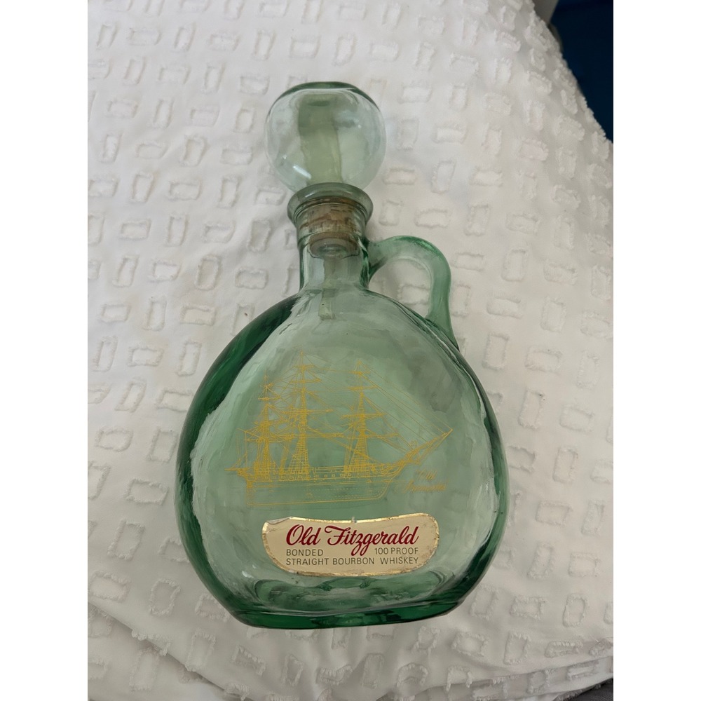 Vintage 1971 Old Fitzgerald Bourbon Whiskey Decanter Green Glass Old Ironsides